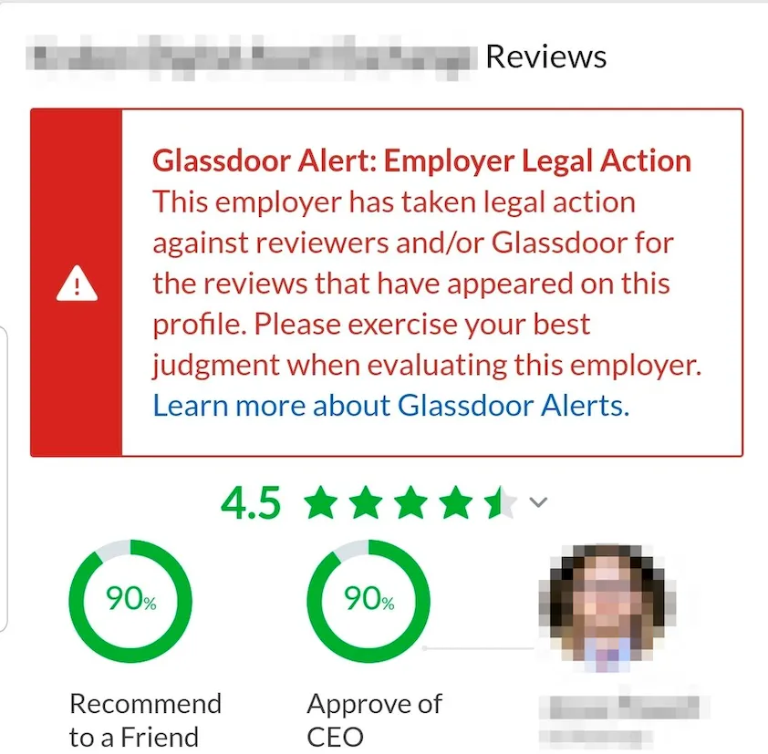 Glassdoor warnt, dass der Arbeitgeber in diesem Fall Bewertende verklagt