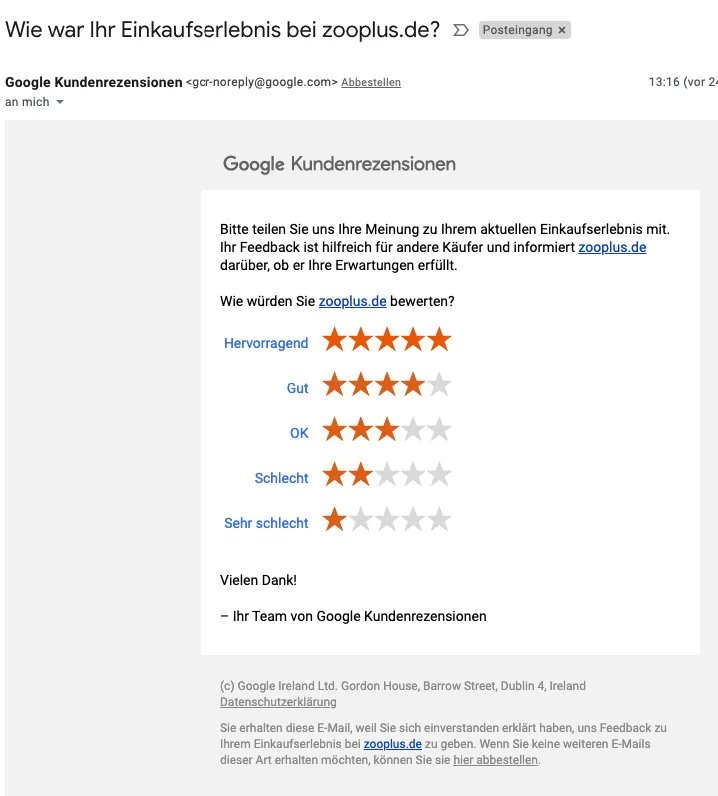 Beispiel einer Bewertungsanfrage von den Google Verkaeuferbewertungen